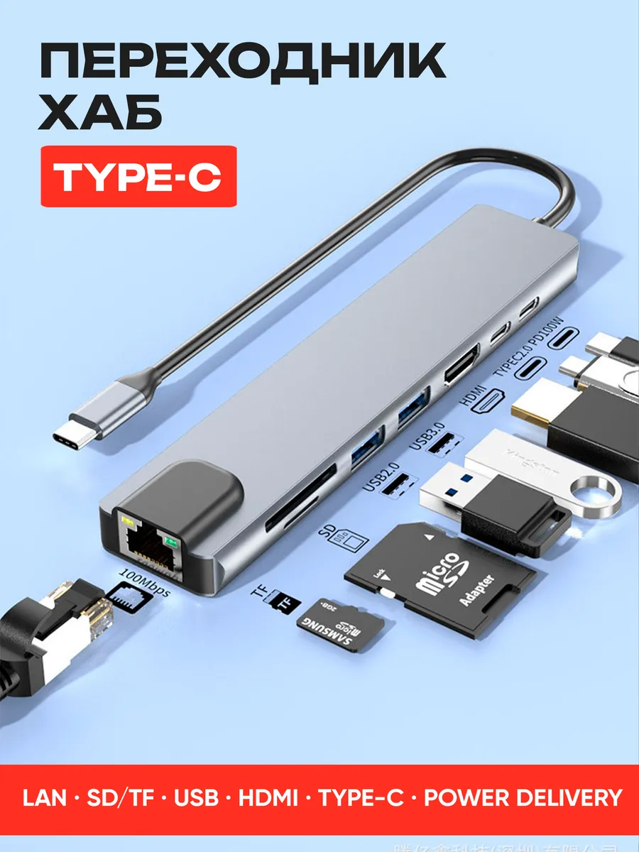 Хаб 8-в-1 Type-C с LAN и HDMI